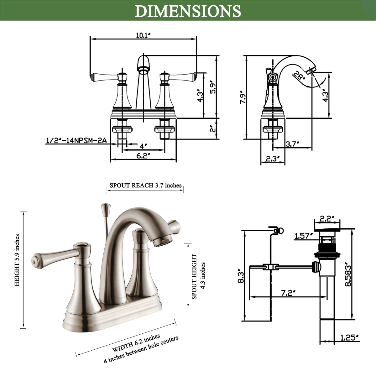 4 Inch Brushed Nickel Bathroom Faucet with Lift Rod Drain