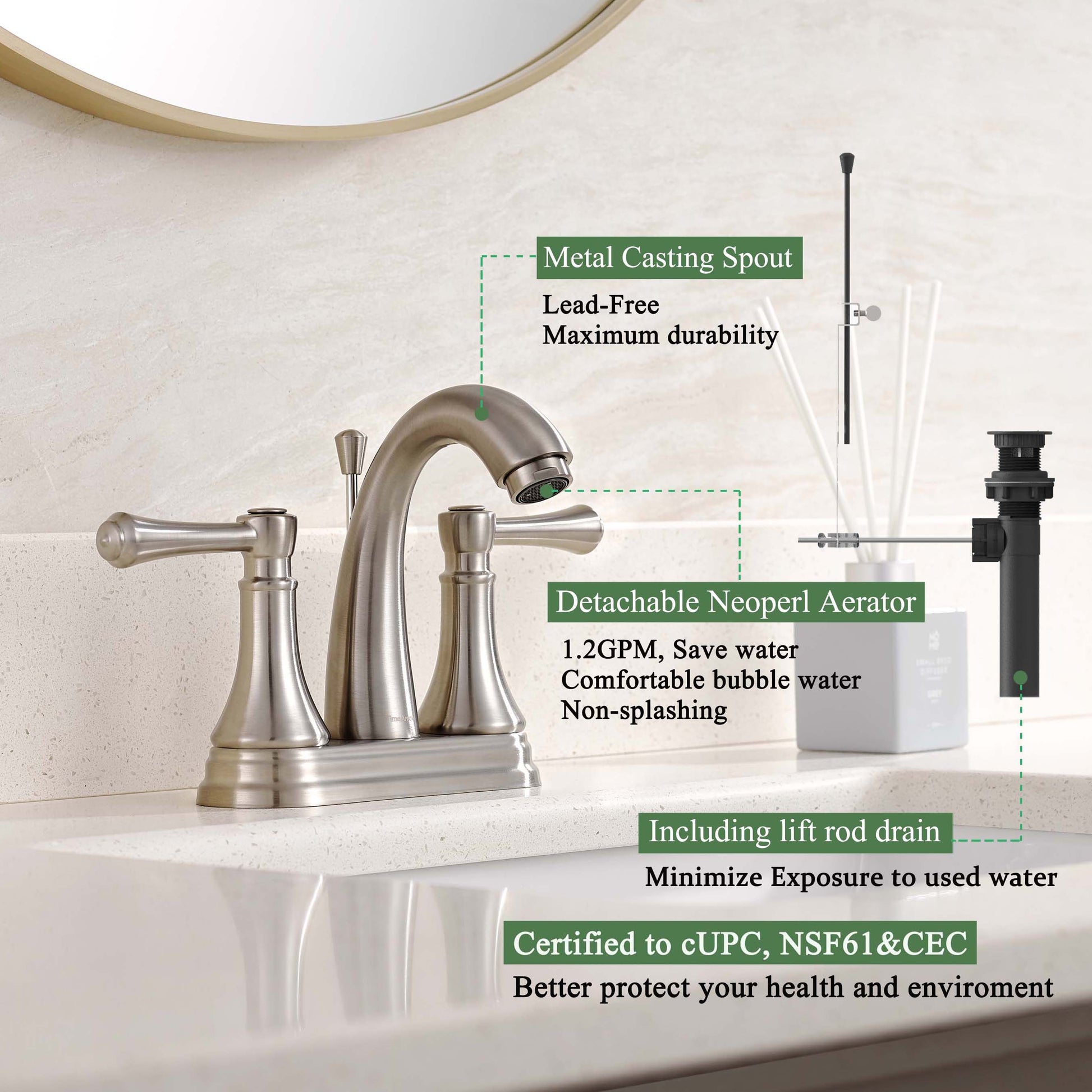 4 Inch Brushed Nickel Bathroom Faucet with Lift Rod Drain