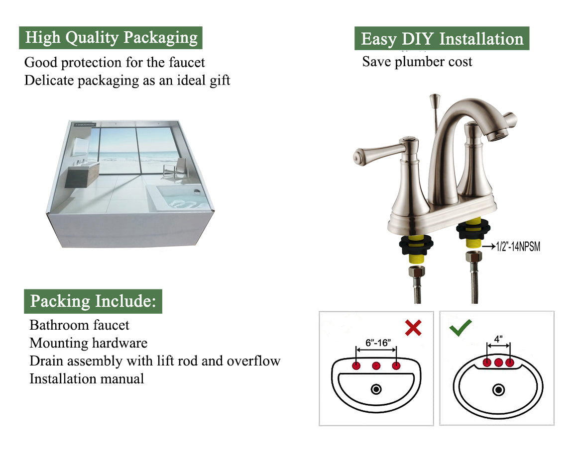 4 Inch Brushed Nickel Bathroom Faucet with Lift Rod Drain