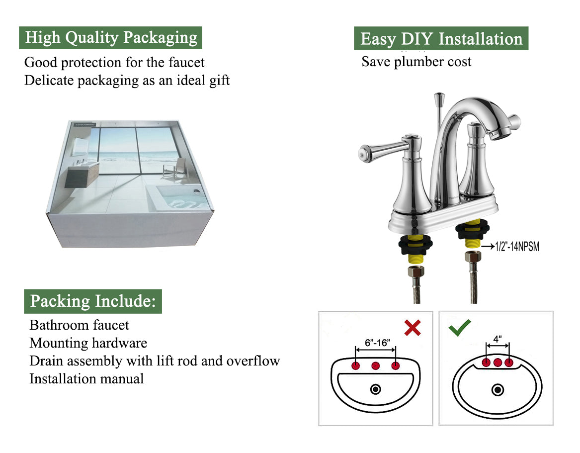 4 Inch Chrome Bathroom Centerset Faucet with Lift Rod Drain