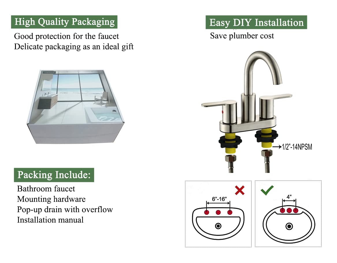 4 Inch Brushed Nickel Bathroom Centerset Faucet with Pop-up Drain