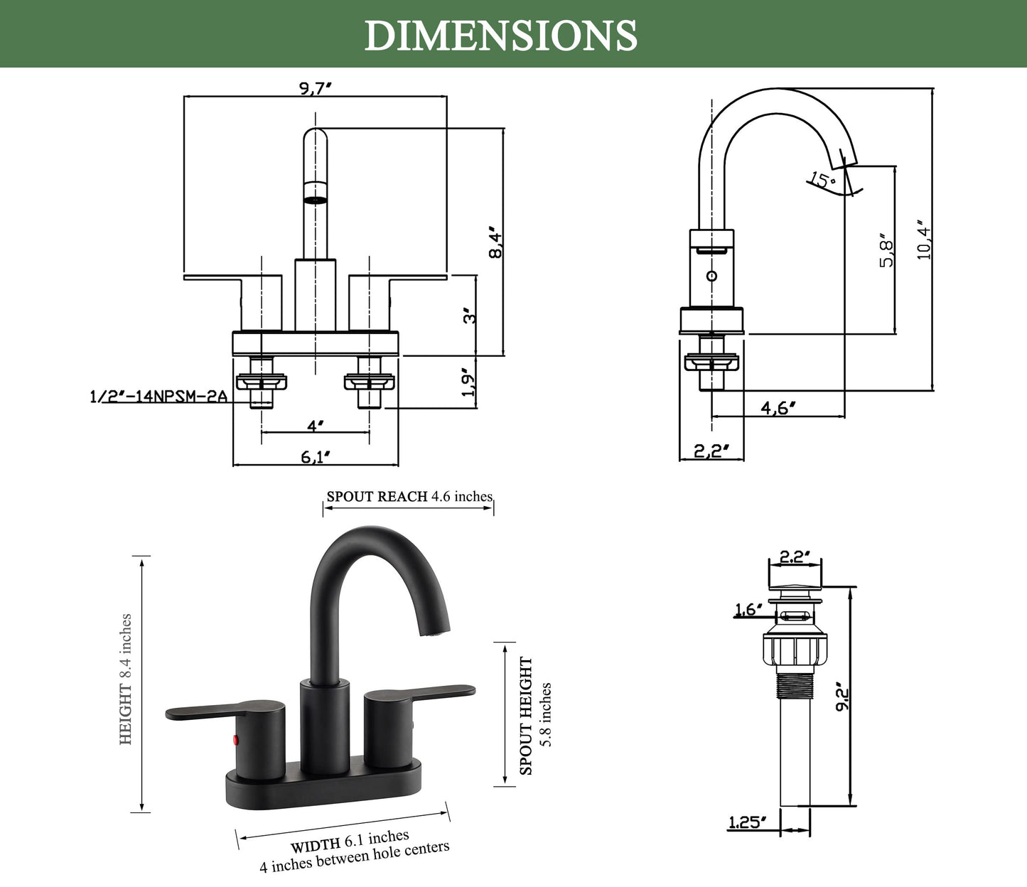 4 Inch Matte Black Bathroom Centerset Faucet with Pop-up Drain