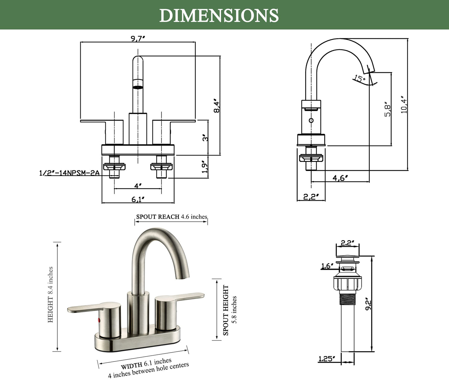 4 Inch Brushed Nickel Bathroom Centerset Faucet with Pop-up Drain